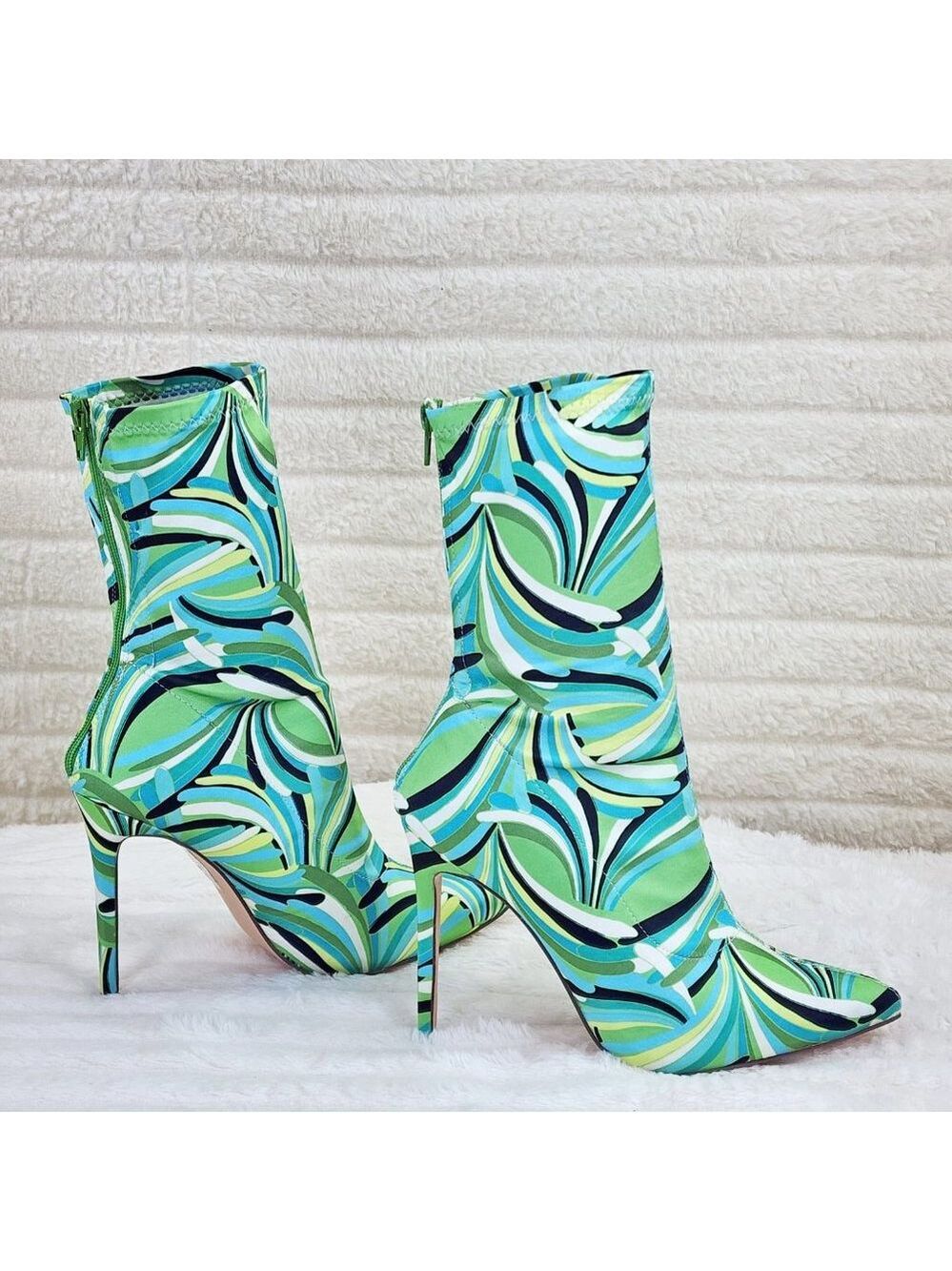 Odin Crazy Wild Color Pattern High Heel Stretch Fabric Ankle Boots - Green Blue - Picture 6 of 15